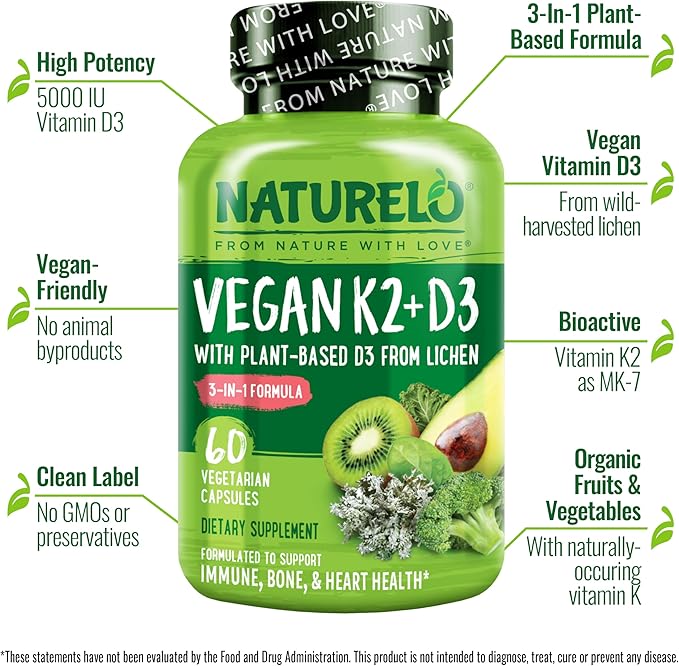 NATURELO Vitamin D3 K2 - Vegan K2+D3 with Plant Based D3 from Lichen - Natural D3 Supplement for Immune System Bone Support Heart Health - Whole Food - Non-GMO - Gluten Free 60 Capsules (Pack of 2)