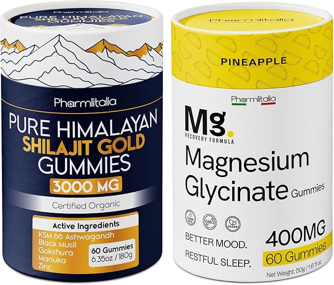 Magnesium Glycinate &amp Pure Himalayan Shilajit Gummies Bundle – Sleep Muscle Recovery &amp Energy – High Absorption Magnesium 400mg + Gold Shilajit with Ashwagandha for Strength &amp Vitality –