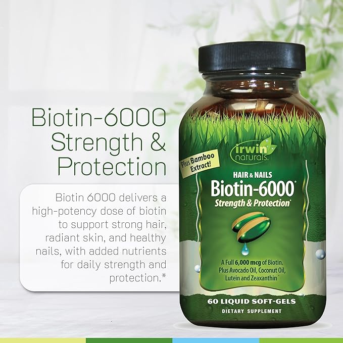 Irwin Naturals Biotin-6000-60 Liquid Soft-Gels Pack of 2 - Supports Strength &amp Protection for Hair &amp Nails - with Avocado Oil Coconut Oil Lutein &amp Zeaxanthin - 60 Total Servings