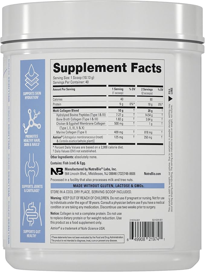 NutraBio Multi Collagen Powder - Hydrolyzed Collagen Peptides for Glowing Hair &amp Skin - Grass-Fed - Collagen Powder for Women and Men - 40 Servings- Unflavored