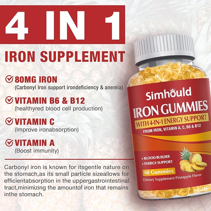 2 Pack Vegan 80MG Iron Supplement Gummies for Women &amp Men - Vitamin A C B for Adults &amp Kids - Blood &amp Builder &amp Energy Support for Iron Deficiency Anemia 120 Counts Pineapple Flavo