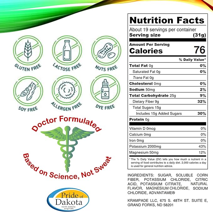 Krampade High Fiber High Potassium Electrolyte Powder Low Sugar Lemon Lime 9g Dietary Fiber 3950mg Electrolytes 2000mg Potassium 50mg Mag Digestive Health Support Cramp Relief 19 Servings