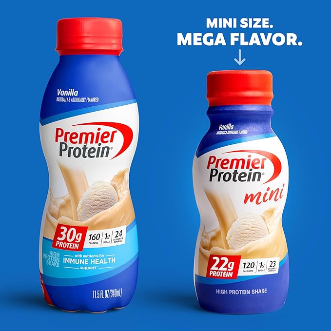 Premier Protein Shake MINIs Vanilla 22g Protein 120 Calories 1g Sugar 8.75fl oz Pack of 12 &amp Shake Cookie Dough 11.5 Fl Oz (12 Pack) 30g Protein 1g Sugar 3g Carbs