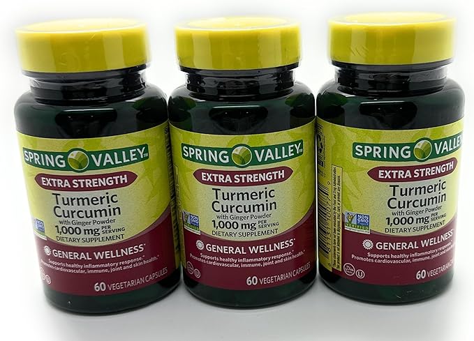 3 Bottles of Spring Valley Turmeric Curcumin W/Ginger Supplement 1000mg 60 Capsules Each Bottle. Plus Bonus 7 Day Pill Case.