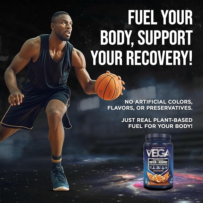 Vega Sport Vegan Protein Powder + Recovery - 30g Plant Based Protein per Serving Peanut Butter 19 Servings 5g BCAAs Probiotics NSF Certified for Shakes &amp Smoothies 1.8lbs (Packaging May Var