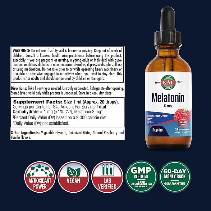 KAL Melatonin 3mg DropIns Fast Acting Sleep Aid Melatonin Drops for Calming Relaxation and Healthy Sleep Cycle Support Natural Raspberry Flavor 60 Day Guarantee Approx. 88 Servings 3 fl oz