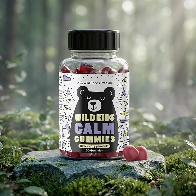 Wild Foods Kids Calm Gummies - Ashwagandha Gummies for Kids w/GABA L-Theanine Lemon Balm &amp Charmomile - Support Natural Relaxation Stress Relief &amp Sleep for Children 4+ Berry Flavor 60 C