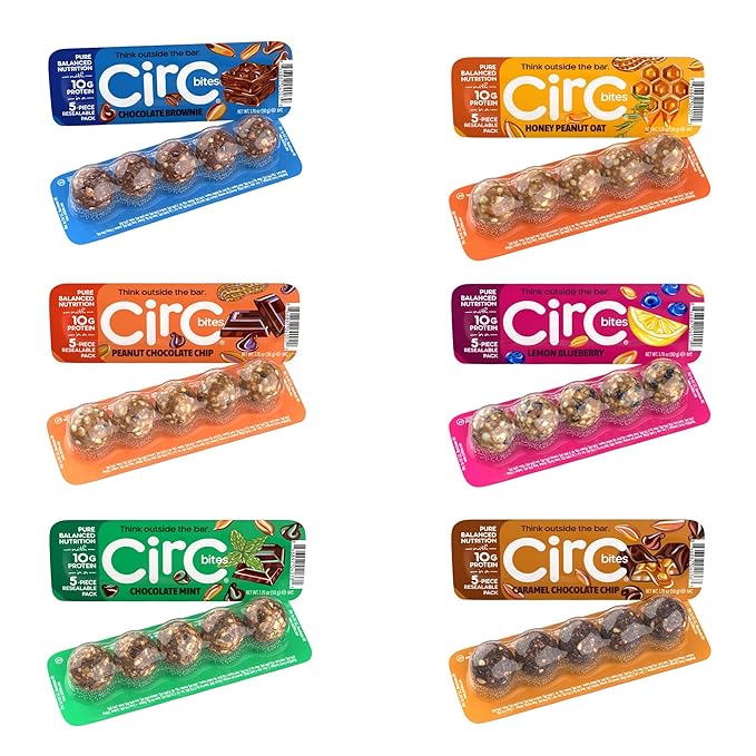 CirC Energy Bites - New Variety 6 Pack Gluten Free Protein Balls - 10g Protein Whole Grains Nuts &amp Fruit - Portable Healthy Snacks for Adults &amp Kids 5 Piece Resealable Packs