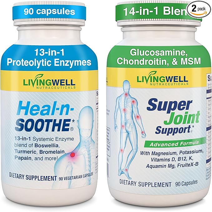 HEAL-N-SOOTHE &amp Super Joint Support Supplements Bundle- Proteolytic Enzymes (Bromelain &amp Papain) Glucosamine MSM &amp Turmeric for Strong Joints Flexibility &amp Body Wellness – 180 Caps
