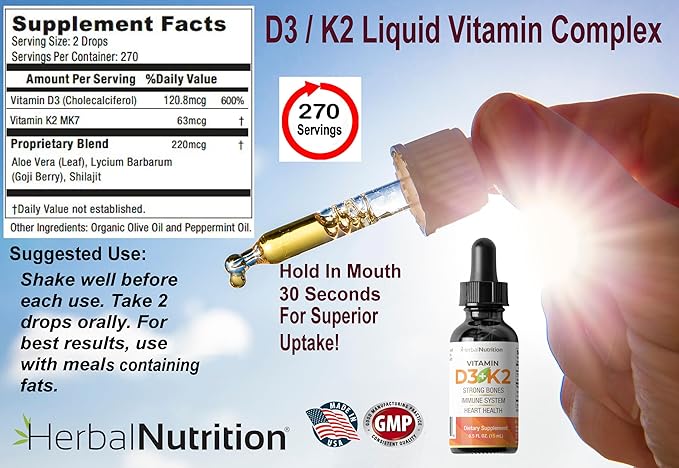 Herbal Nutrition Organic Vitamin D3 K2 Drops – 5000 IU D3 + 63mcg MK7 K2 – 270 Servings Vegan Liquid Supplement Superior Delivery – Bone Heart Immune &amp Mood Support – Peppermint Flavor