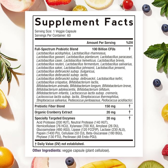 Doctor's Recipes Probiotics for Women 100 Billion CFU 32 Strains with Prebiotic Enzymes &amp Cranberry Shelf Stable Delayed Release 60 Caps