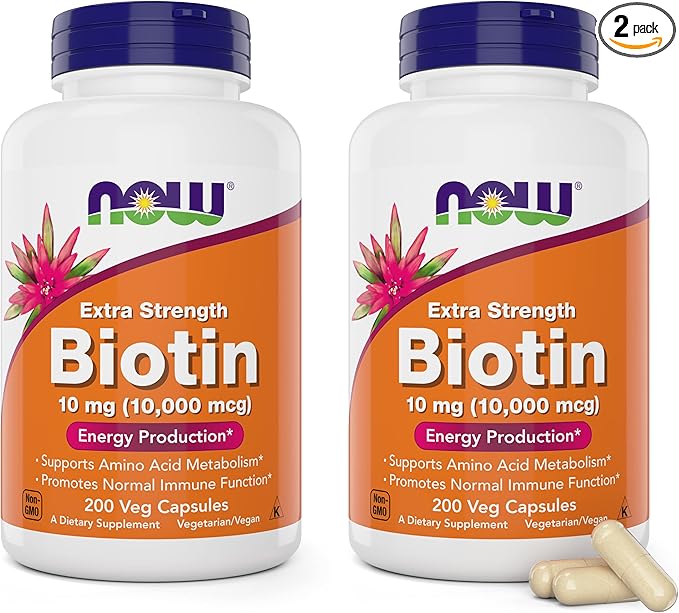 NOW Foods Extra Strength Biotin 10000mcg / 10 mg - 200 Veg Capsules (Pack of 2) - Hair Skin Nail - Supplement for Men and Women - B7 Vitamin - Vegetarian Vegan Non-GMO