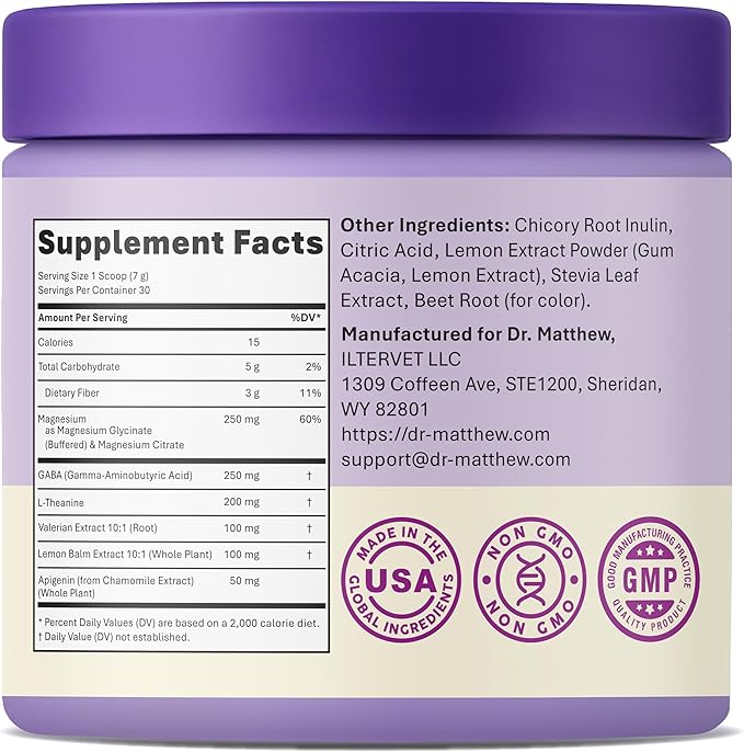 Magnesium Glycinate Powder for Sleep - Magnesium Sleep Aid Without Melatonin - Natural Sleep Drink Mix with GABA L-Theanine Apigenin Valerian &amp Lemon Balm