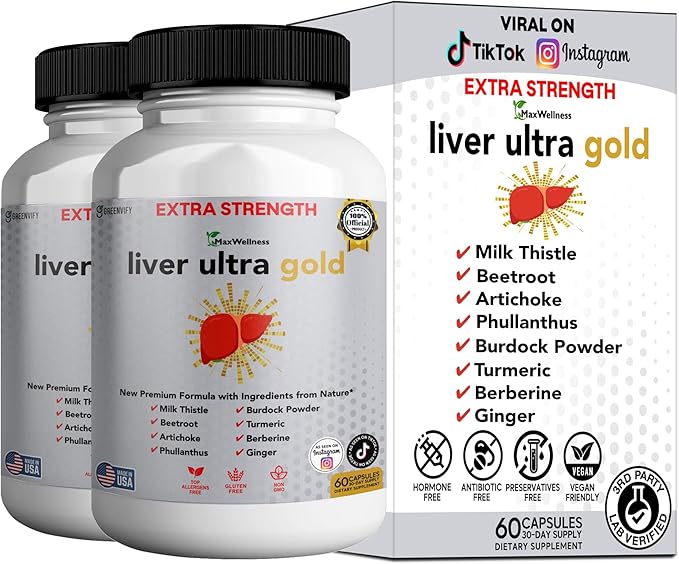 Liver Ultra Gold Extra Strength Supplement 60 Veggie Capsules Natural Liver Support with Milk Thistle Beetroot Artichoke 30 Day Supply (2)