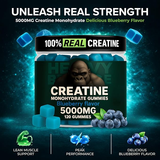 Creatine Monohydrate Gummies 5g Sugar Free Creatine with Vitamin B12 and L-Taurine | Muscle Growth for Men and Women | Low Calorie Formula 120 Gummies for 30 Servings Blueberry