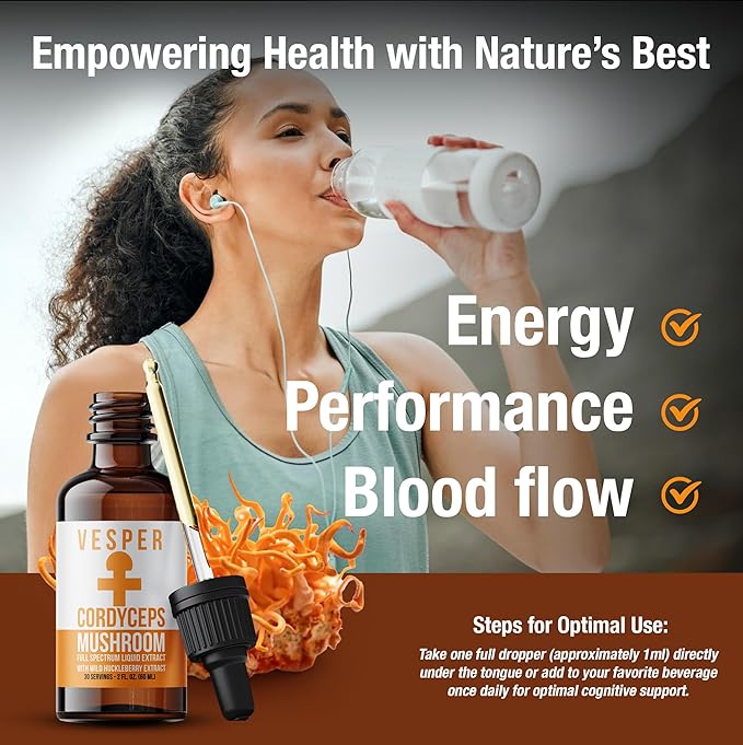Vesper Cordyceps Mushroom Liquid Extract - Double Extraction with Wild Huckleberries for Energy Endurance Circulation Support USA-Grown for Natural Stamina &amp Vitality – 2oz