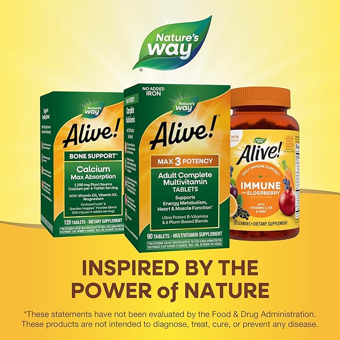 Nature's Way Alive! Max3 Potency Adult Complete Multivitamin High Potency B-Vitamins to Support Cellular Energy Metabolism* Multivitamin with Methylated B12 &amp Folate No Added Iron 90 Tablets
