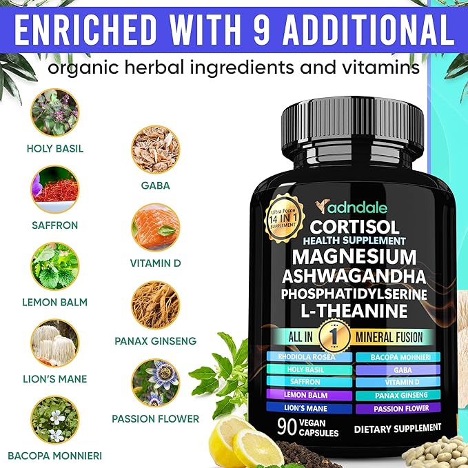 Adndale Cortisol Supplements for Women. Cortisol Reducer 14-in-1 Ashwagandha Supplement with Magnesium Glycinate L-Theanine &amp More. 90 Capsules.
