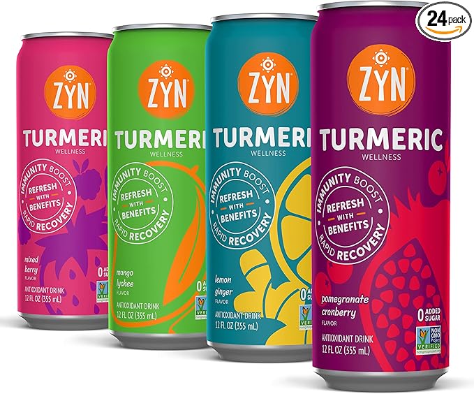 ZYN Turmeric Wellness Drink Flavored Turmeric Drink Turmeric Curcumin with Black Pepper Low Calorie Healthy Energy Drink Clean Vegan Soda Alternative for Vitality Variety Pack of 24