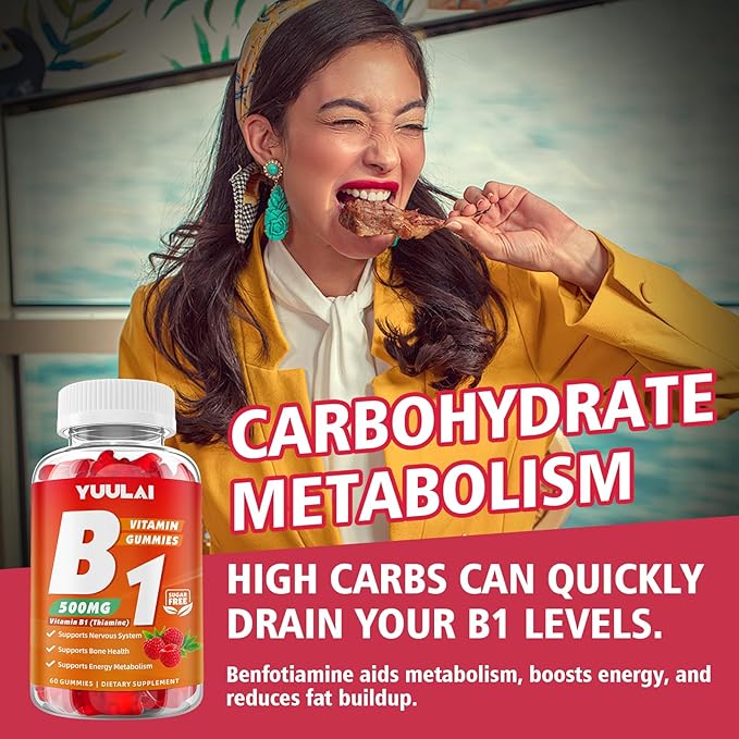 Pack of 2 Vitamin B1 Gummies 500mg for Adults &amp Kids Thiamine B1 Supplement with Magnesium Vitamin B1 Supplement for Nervous System Supports &amp Boost Energy Raspberry Flavor 120 Count