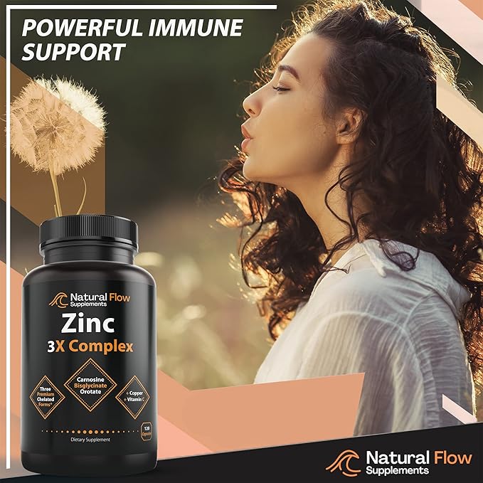Zinc Supplement Complex with Copper and Vitamin C - Natural Flow 3X Zinc Carnosine Bisglycinate Chelate and Orotate Chelated Copper Easy on The Stomach Skin and Immune Support 120 Capsules