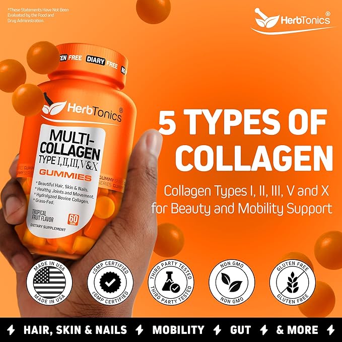 Herbtonics Multi Collagen Gummies with Biotin &amp Vitamin C Hydrolyzed Collagen Peptides Types I II III V X for Hair Skin Nails &amp Bone Support - Tropical Flavor 60 Gummies