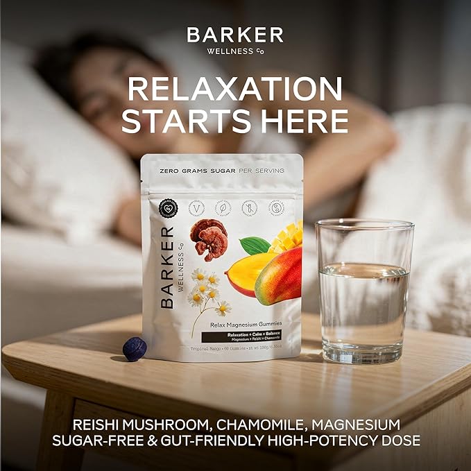 Barker Wellness Magnesium Relax Gummies | Advanced Stress &amp Muscle Tension Relief | Promotes Calm &amp Relaxation with Reishi Mushroom &amp Chamomile | Vegan Sugar-Free Tropical Mango | 60 Gum