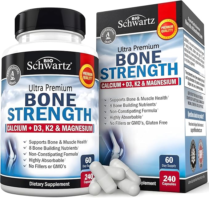 BioSchwartz Bone Strength Supplement - Gentle Non-Constipating Bone Health Supplement for Women &amp Men with 9-in-1 Complex with Calcium Magnesium Zinc D3 K2 &amp More - 3rd Party Tested - 2 Months
