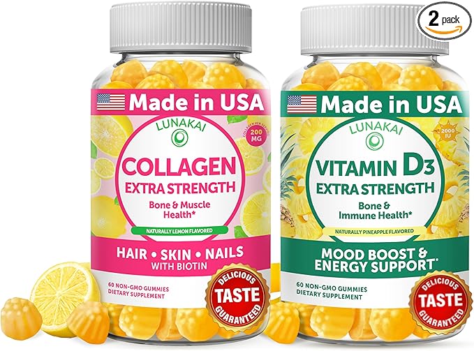 Lunakai Collagen and Vitamin D3 Gummies Bundle - Non-GMO Anti Aging Supplements for Men &amp Women - Immunity Bone and Mood Support Gummy for Adults - 30 Days Supply