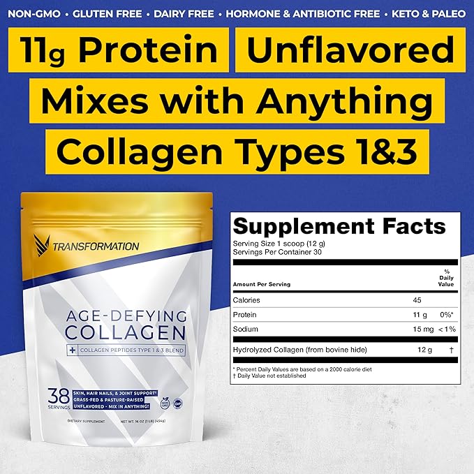 Transformation Grass-Fed Hydrolyzed Collagen Peptides Powder | Multi Types 1 &amp 3 | Pure Bovine | Keto Friendly | Supports Hair Skin Nails | 16oz Unflavored Supplement