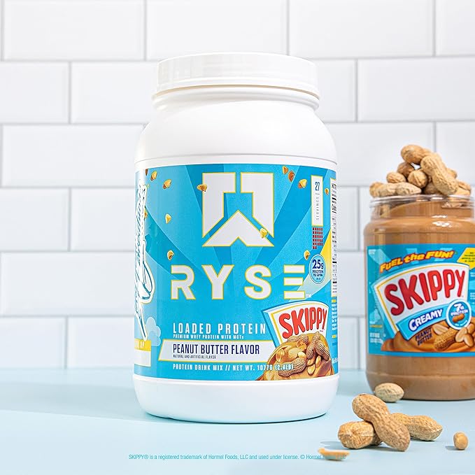 RYSE Loaded Protein Powder - Skippy Peanut Butter - 25g Whey Protein Isolate &amp Concentrate with Prebiotic Fiber &amp MCTs - Low Carb Low Sugar Digestive-Friendly - 20 Servings / 1.5 lb Tub