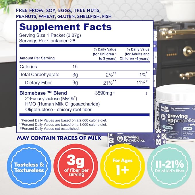 Begin Health Growing Up Prebiotics for Kids 56-Packs | Prebiotic Soluble Powder Stool Softeners and Digestive Gut Health Supplement | Ideal to Mix with Kids Daily Beverages and Soft Foods - Unflavored