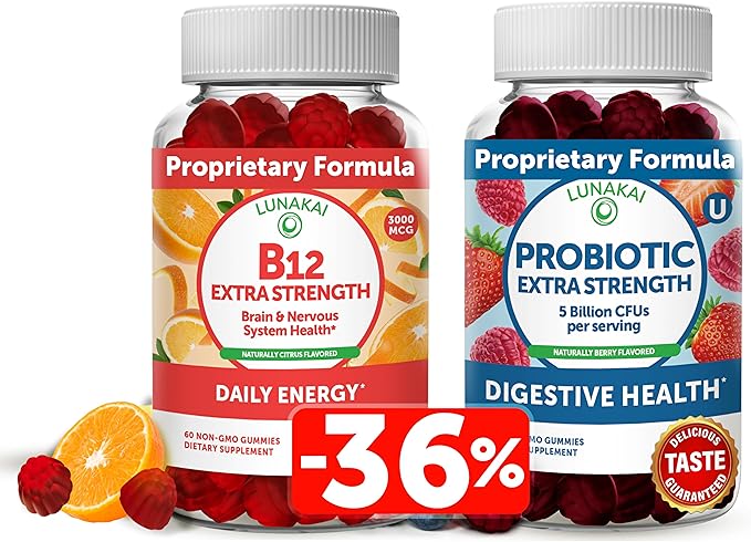 Lunakai Vitamin B12 and Probiotic Gummies Bundle - 3000 mcg Gummy for Adults Energy Support and Bone Health - 5 Billion CFUs Per Serving for Digestive Gut Health with Vitamin C for Women &amp Men