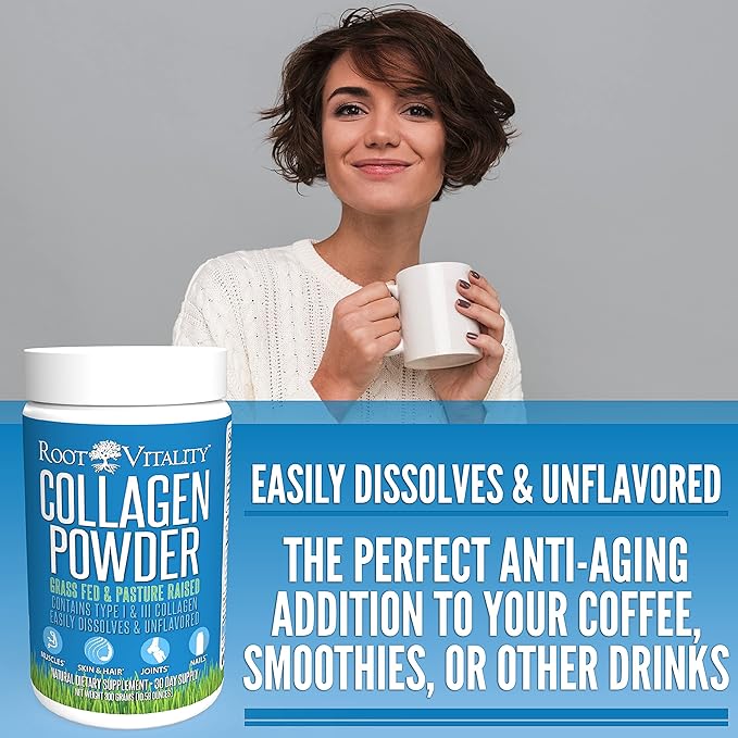 Root Vitality Collagen Peptides Powder - Grass-Fed Pasture-Raised Hydrolyzed Protein Supplement for Skin Hair &amp Nails - Non-GMO Zero Sugar Daily Supplement for Men &amp Women (30 Servings)