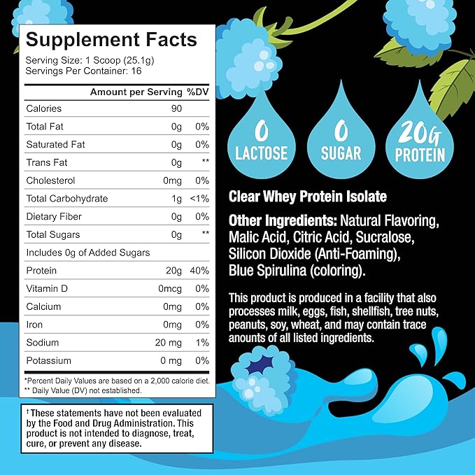Klear - Clear Protein Powder Wild Blue Raspberry Lactose-Free Protein Powder 20g Protein Whey Isolate 0 Sugar 16 Servings Keto-Friendly Protein Isolate Mix Water Shake for Clear Protein Drink