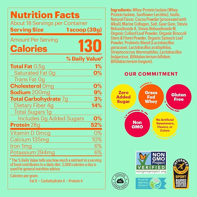 Natreve Whey Protein Powder - 28g Grass-Fed Whey Protein with Amino Acids Probiotics &amp Collagen - Gluten Free Fudge Brownie 18 Servings