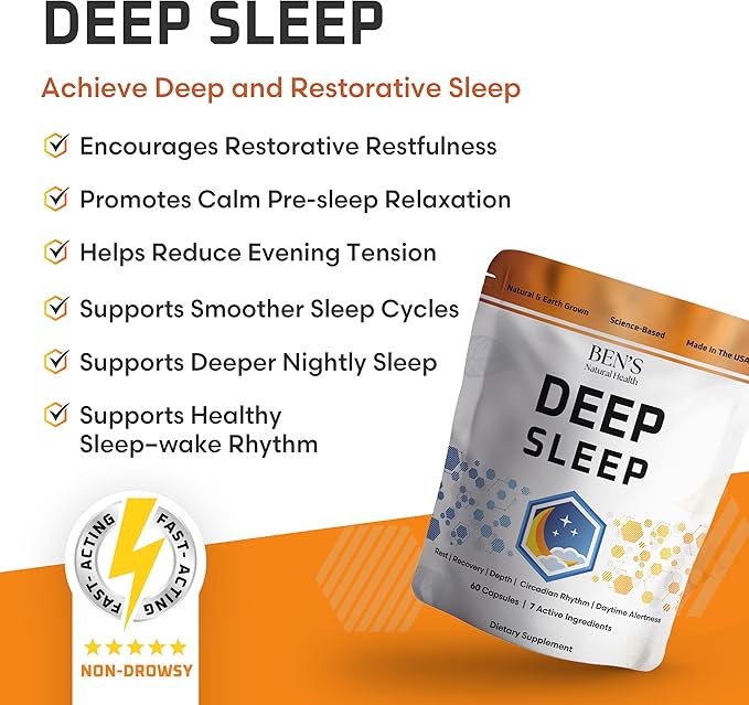 Ben's Natural Health Deep Sleep Support Supplement with Melatonin Ashwagandha L-Theanine Chamomile and Lavender 60 Capsules