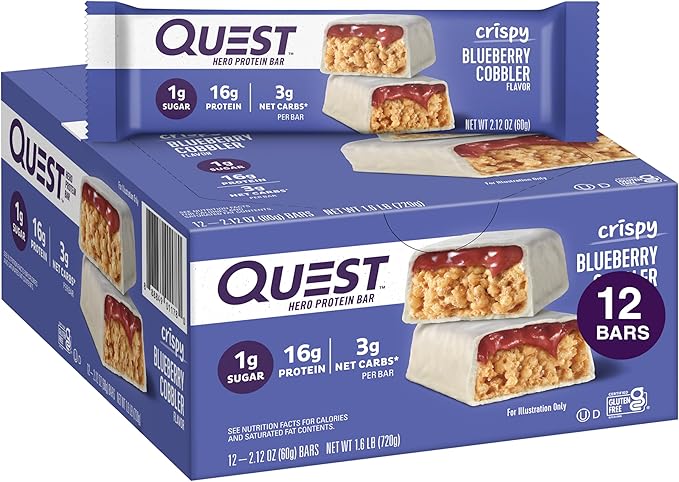 Quest Nutrition Crispy Blueberry Cobbler Hero Protein Bar 16g Protein 1g Sugar 3g &amp White Chocolate Raspberry Protein Bars High Protein Low Carb Gluten Free