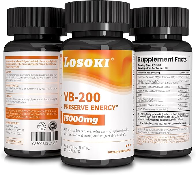 Losoki VB-200 - High-Potency Vitamin B Complex Tablets for Energy - 60 Tablets