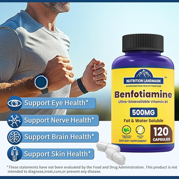 B1 Benfotiamine 500mg per Serving 120 CapsulesFat &amp Water Soluble Vitamin B1 Gluten Free Non-GMO Vegetarian 2 Pack