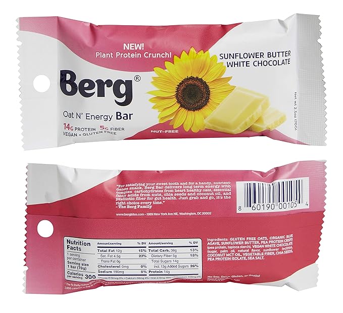 Berg Oat N' Energy Bar | Variety Pack | Plant Based Protein Bar | Non-GMO Gluten Free Nut Free and Vegan | Low Sugar Healthy Snack Bar | High Fiber | On The Go | 2.5oz (8 Packs)