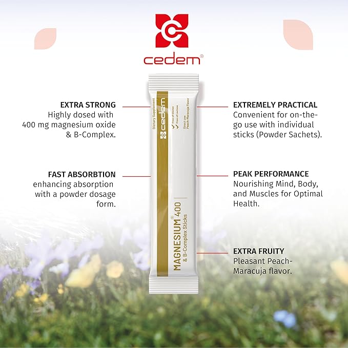 Switzerland Magnesium 400mg Sticks Peach Flavor Direct Use on Tongue Without Liquid with Vitamins B Support Muscle &amp Bone Health Improve Energy Gluten &amp Lactose-Free 20 Sticks (Sachets)