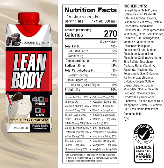 Labrada Lean Body Ready-to-Drink Cookies and Cream Protein Shake 40g Protein Whey Blend  0 Sugar Gluten No 22 Vitamins &amp Minerals (Recyclable Carton &amp Lid - Pack of 12) LABRADA  17 Fl O