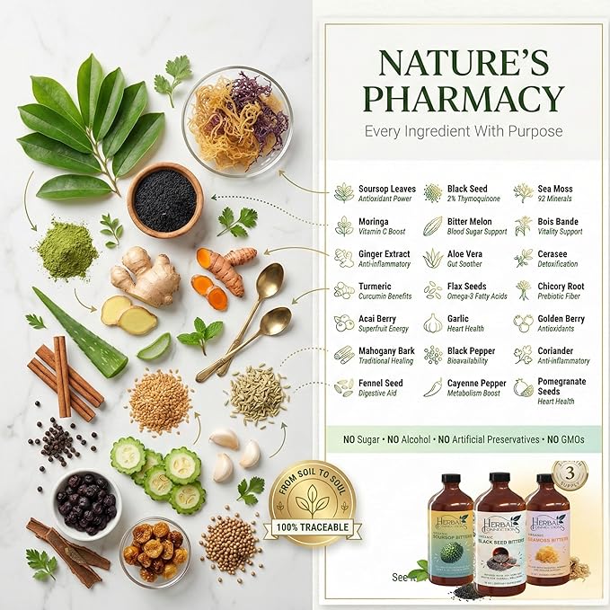 Organic Soursop Bitters Black Seed Bitters and Sea Moss Bitters - Natural and Vegan Blend for Vitality &amp Wellness - Pack of Three 16-Ounce Bottles