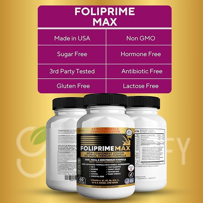 Foliprime Max Hair Nails &amp Skin Supplement with Biotin Vitamins Minerals &amp Herbal Blend 60 Capsules (3)
