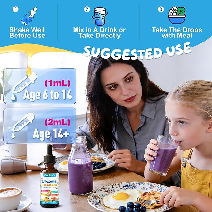 Liquid Folinic Acid &amp Methylfolate Drops for Kids Folic Acid Supplement with Methylated B12 for Women with Zinc Citrate Vitamin B6 &amp C Support for Brain Focus &amp Cellular Health MTHF