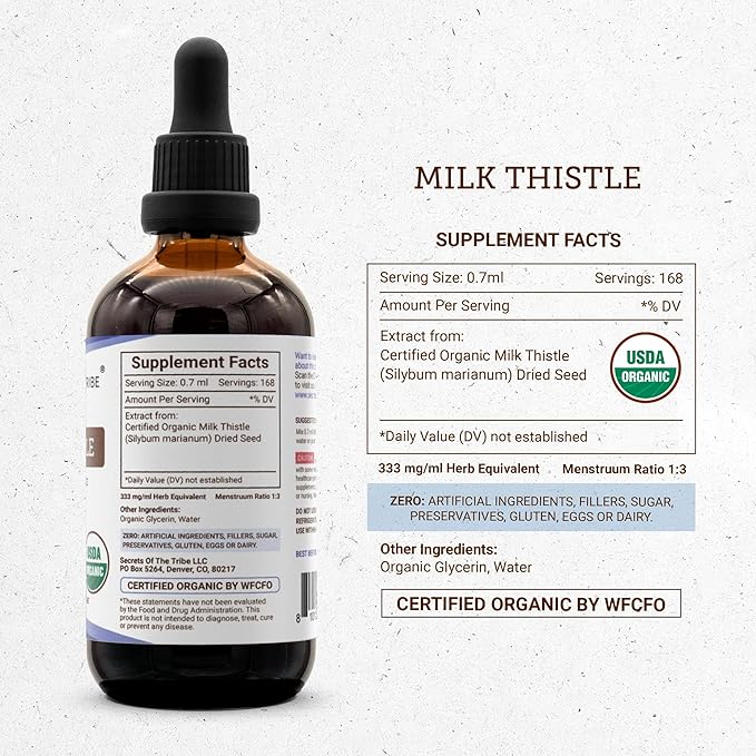 Secrets of the Tribe Milk Thistle USDA Organic | Alcohol-Free Extract High-Potency Herbal Drops | Made from 100% Certified Organic Milk Thistle (Silybum marianum) Dried Seed (4 oz)