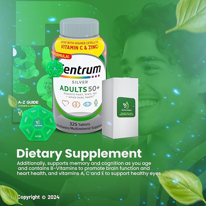 Multivitamin Silver Adults 50+ 325 Tablets with Bundle Exclusive Vitamins &amp Minerals - A to Z - Better Ligth&ampSpring Guide + Weekly Pill Organizer (3 Items)
