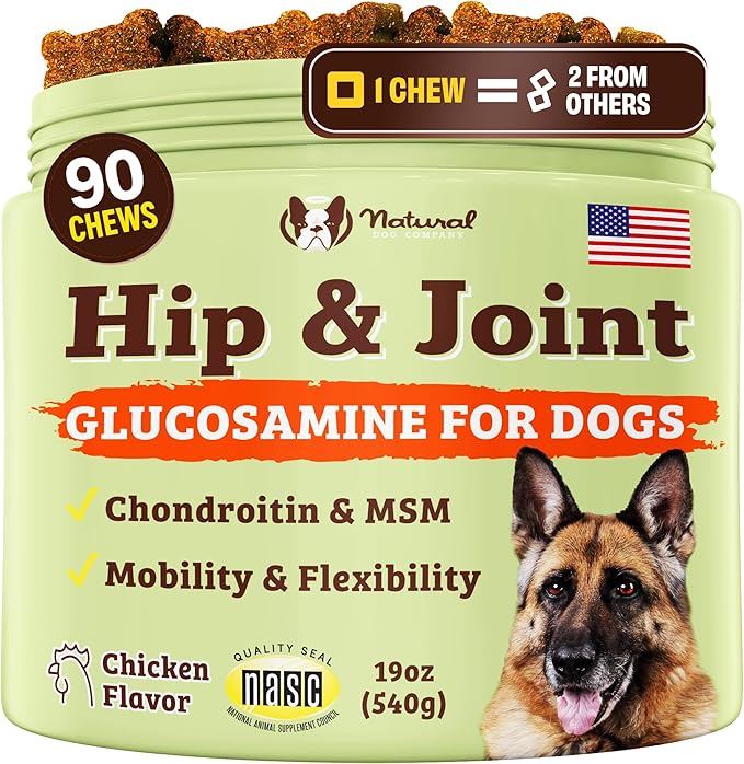 Natural Dog Company Hip &amp Joint Supplement Chew for Dogs – Supports Mobility Flexibility &amp Comfort Glucosamine Chondroitin MSM &amp Turmeric Chicken Flavor 90 Count