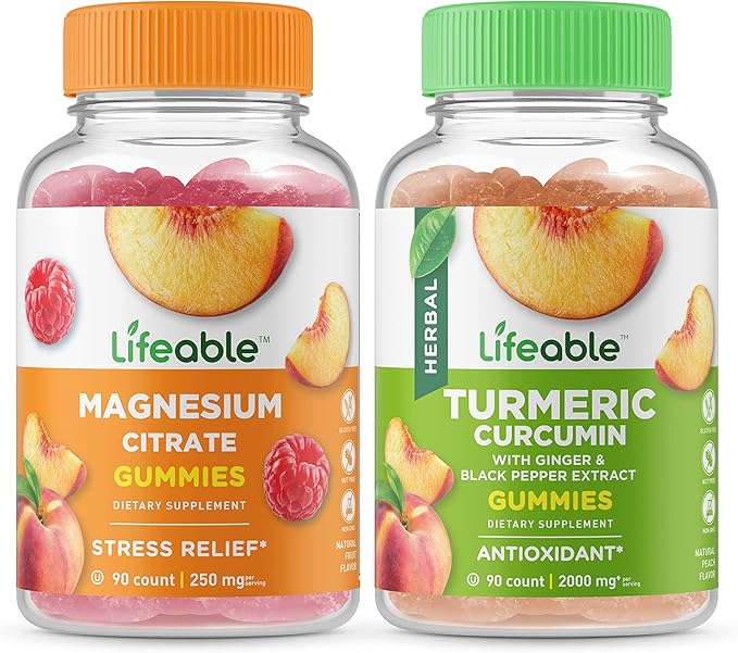 Lifeable Magnesium 85mg + Turmeric Curcumin Gummies Bundle - Great Tasting Vitamin Supplement Gluten Free GMO Free Chewable Gummy